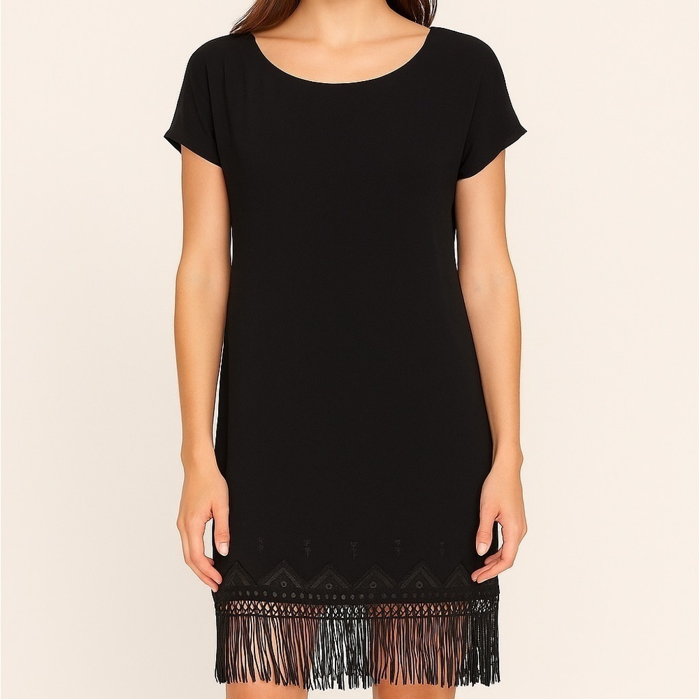 Twelfth Street by Cynthia Vincent Black Fringe Hem Mini Dress S Flapper Boho LBD